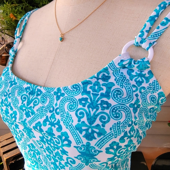 CATALINA ♡ Gorgeous 1pc Aqua Blue 'n White Padded Bralette Swimsuit L (12-14) - Picture 15 of 17